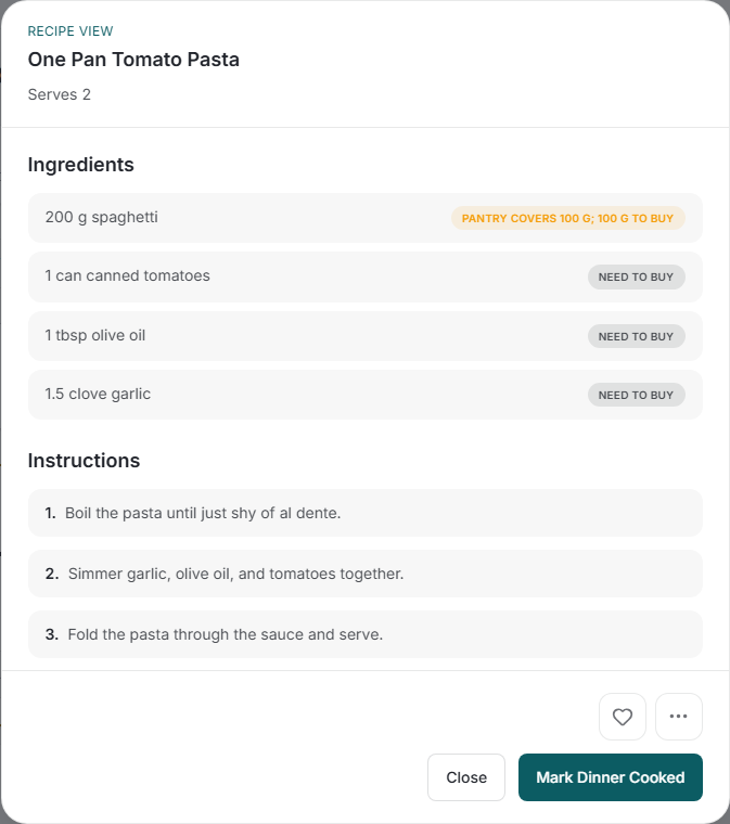 CartTally Cook Mode recipe dialog with synthetic example ingredients, Pantry coverage and cooking instructions